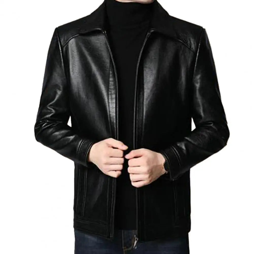 Men’s Faux Leather Motorcycle Jacket – Stand Collar, Warm Lining, Windproof Autumn Coat