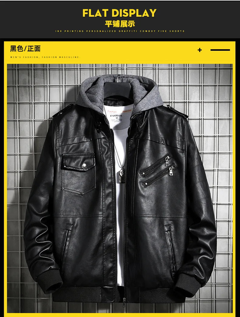 Men’s Hooded PU Leather Jacket – Winter Warm Motorcycle Coat, Harajuku Streetwear, Teen Fashion