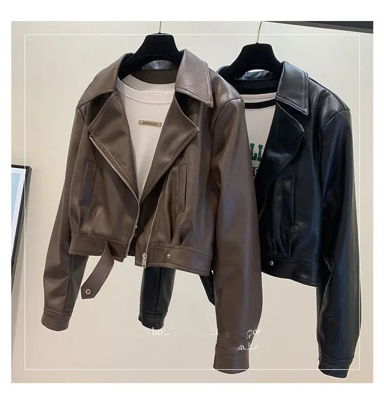 Women’s PU Leather Jacket 2025 | European Short Slim Fit Lapel Coat
