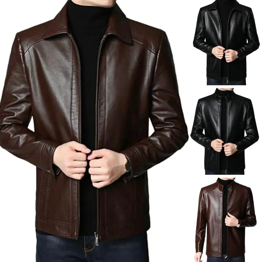 Men’s Faux Leather Motorcycle Jacket – Stand Collar, Warm Lining, Windproof Autumn Coat