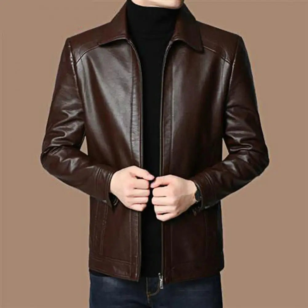 Men’s Faux Leather Motorcycle Jacket – Stand Collar, Warm Lining, Windproof Autumn Coat