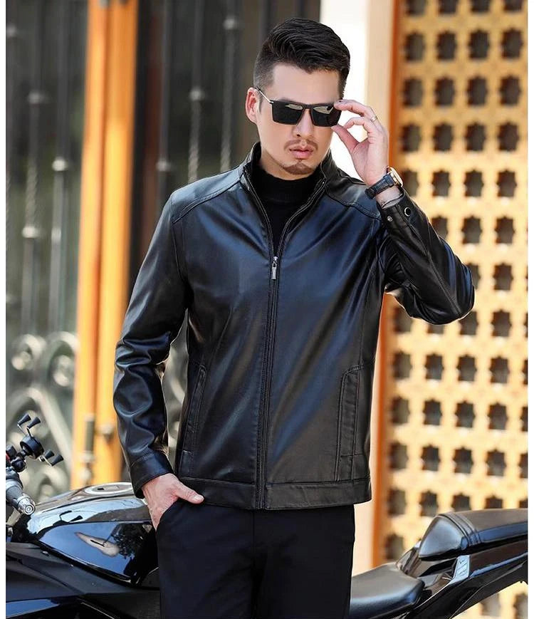 Men’s PU Leather Jacket | Slim Fit Motorcycle & Casual Standing Collar Coat – Spring & Autumn Fashion