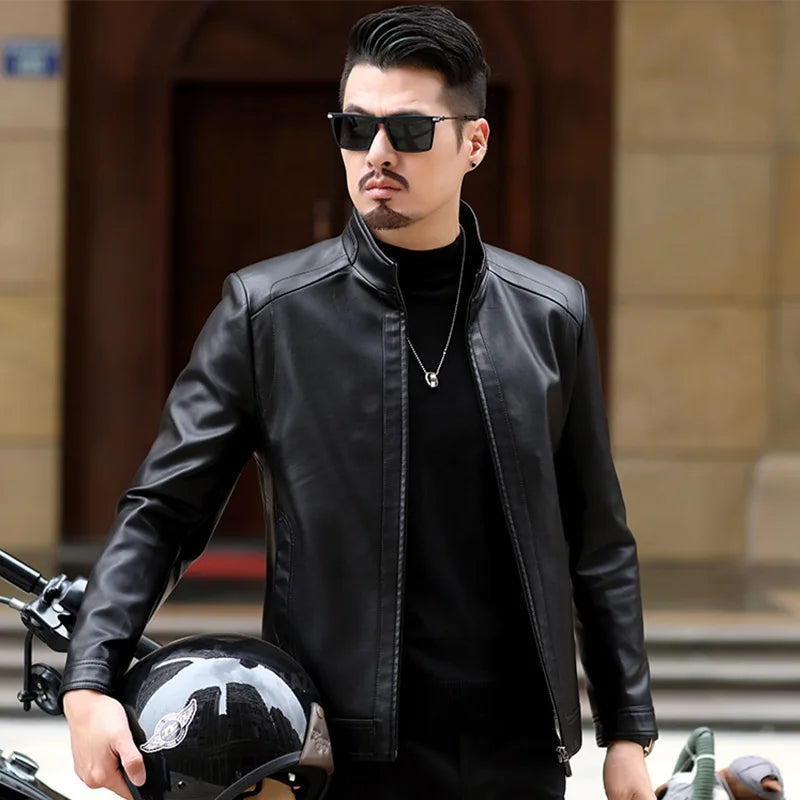 Men’s PU Leather Jacket | Slim Fit Motorcycle & Casual Standing Collar Coat – Spring & Autumn Fashion